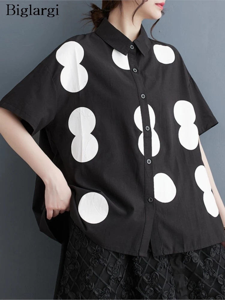 

Polka Dot Print Modis New Casual Loose Oversized Ladies Cropped Blouses Spring Summer Shirt Tops Women Short Sleeve Woman Shirt