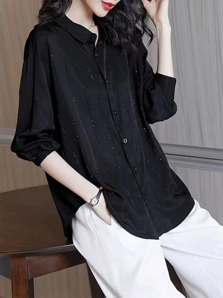 

Female Tops Spring and Autumn Rhinestones Loose Full Long Sleeve Black Women's Shirt Blouse Button Up Clothing Sales Basic Xl M