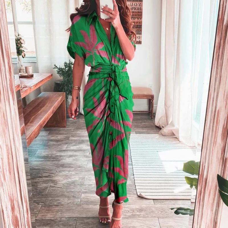 Elegant Women Dresses 2023 Summer Fashion Printed Short Sleeve Shirt Dress Vintage Waist Tie-up Button Bandage Long Dress Robe
Elegant Women Dresses 2023 Summer Fashion Printed Short Sleeve Shirt Dress Vintage Waist Tie-up Button Bandage Long Dress Robe