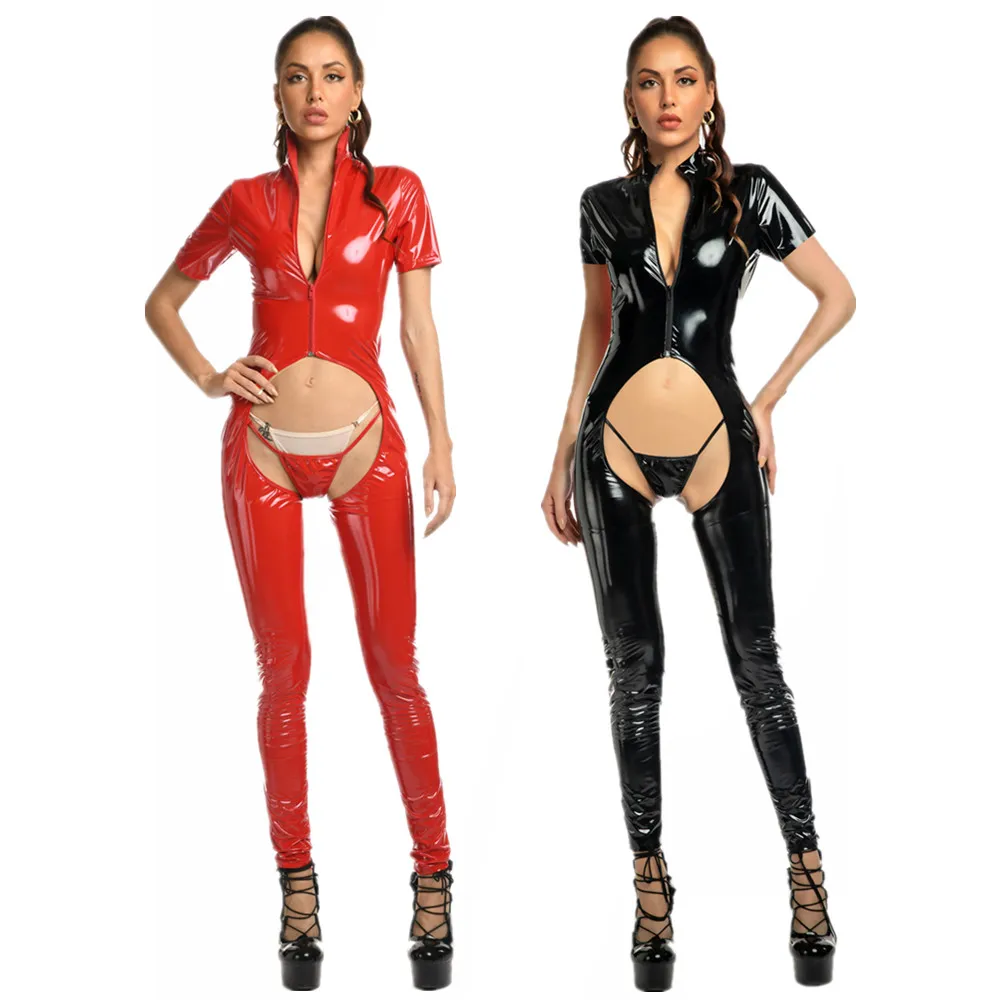 

Porn Sexy Open Crotch Shiny Leather Jumpsuit For Women Glossy PVC Latex Crotchless Bodysuit Zipper Erotic Catsuit Clubwear