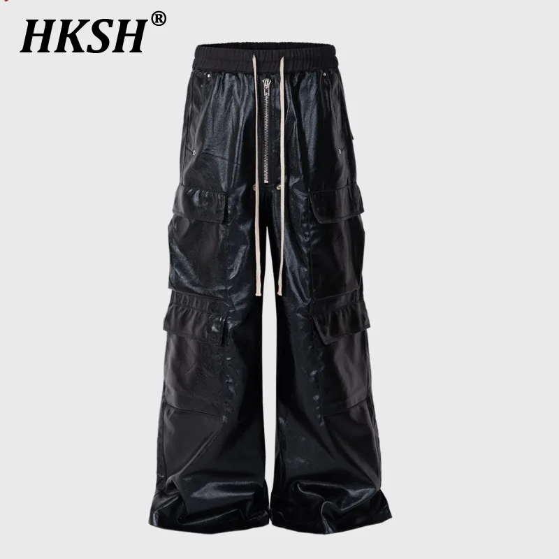 

HKSH Men's Tide Dark RO Style Glossy Coated Workwear Cargo Pants Unisex Wide Legged Black Casual Women Overalls Techwear HK0845