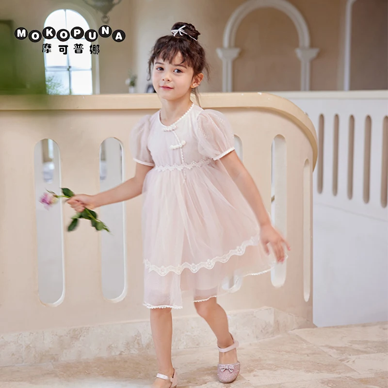 

MOKOPUNA Baby Girl Dress Haute Couture Chinese-style Cheongsam Pink Mesh Patchwork Cotton Lined Breathable Dresses 3-8Y