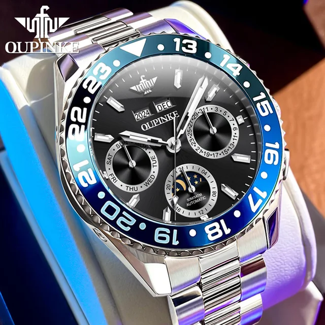 PINKE-Montres mécaniques étanches pour hommes, montres vissées, entièrement automatiques, phase de lune Shoous, date, modules de marques de luxe, haut, original 2