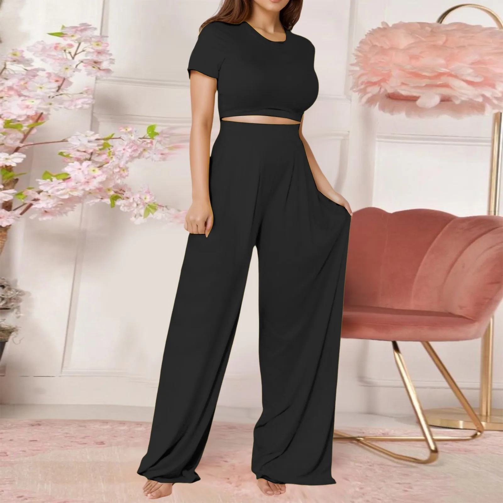 

Women Solid Color Suits Smooth fabric Sets Fashion Leisure Wide Leg Pants Trousers Short Sleeved Cropped Tops Sweat Suit