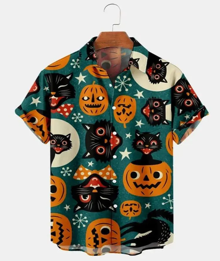 

Men's Halloween Pumpkin & Owl Print Shirt Short Sleeve Shirt For Summer, Men's Clothing