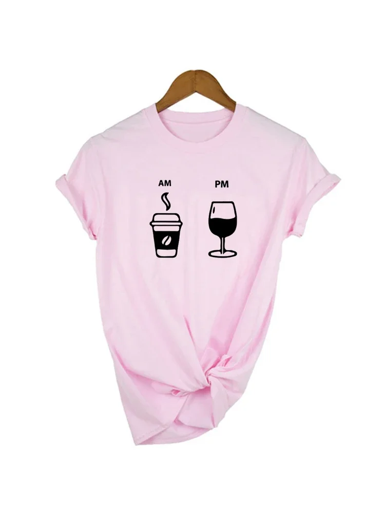 

Женская футболка с принтом букв AM Coffee PM, летняя графическая Футболка с принтом вина, Женская Повседневная футболка с круглым вырезом, женские топы