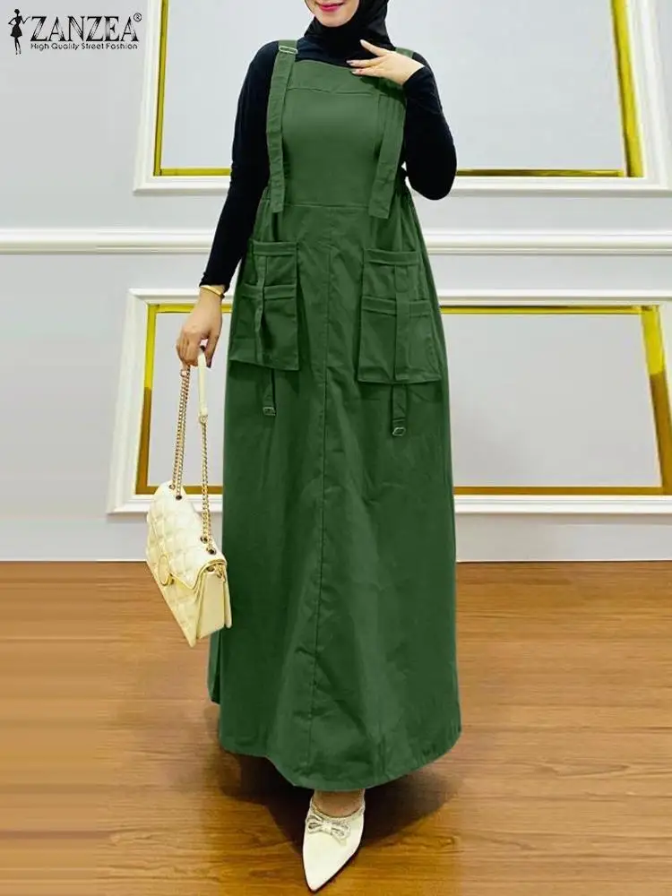 

ZANZEA Elegant Solid Cargo Vestido Fashion Turkey Hijab Muslim Dress Sleeveless O-Neck Dresses Woman Vintage Party Sundress 2024