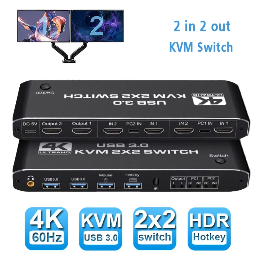 Dual Monitor HDMI KVM Switch 2x2 USB3.0 HDMI KVM Switch 2 in 2 out 4K 60Hz 2x2 Mixed Display 2 Monitors 2 Computer for PC laptop
Dual Monitor HDMI KVM Switch 2x2 USB3.0 HDMI KVM Switch 2 in 2 out 4K 60Hz 2x2 Mixed Display 2 Monitors 2 Computer for PC laptop
