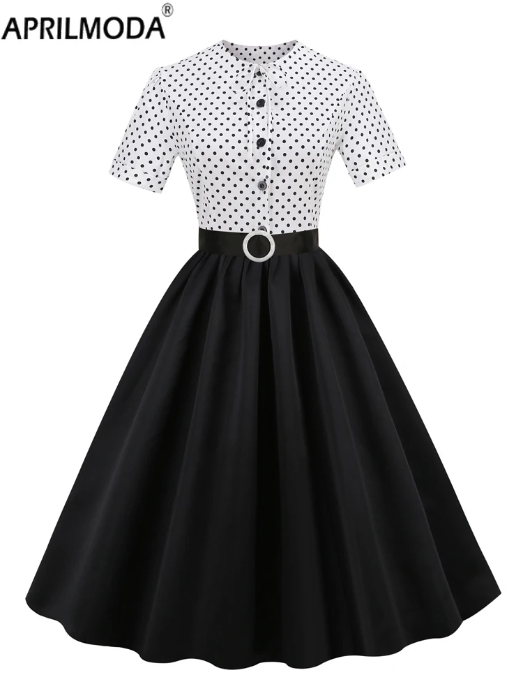 White Black Patchwork Vintage Dress Robe Button Front Short Sleeve Polka Dot Print Elegant Prom Women Pleated Midi Dress Belted
White Black Patchwork Vintage Dress Robe Button Front Short Sleeve Polka Dot Print Elegant Prom Women Pleated Midi Dress Belted