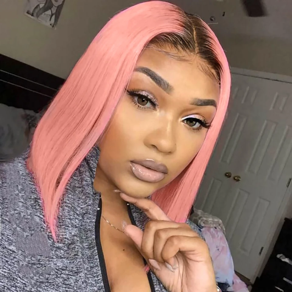 

Ombre Pink Bob Wig Straight Lace Front Human Hair Wigs For Women Short Bob Transparent Lace Wig Bleached Knots Pre Plucked