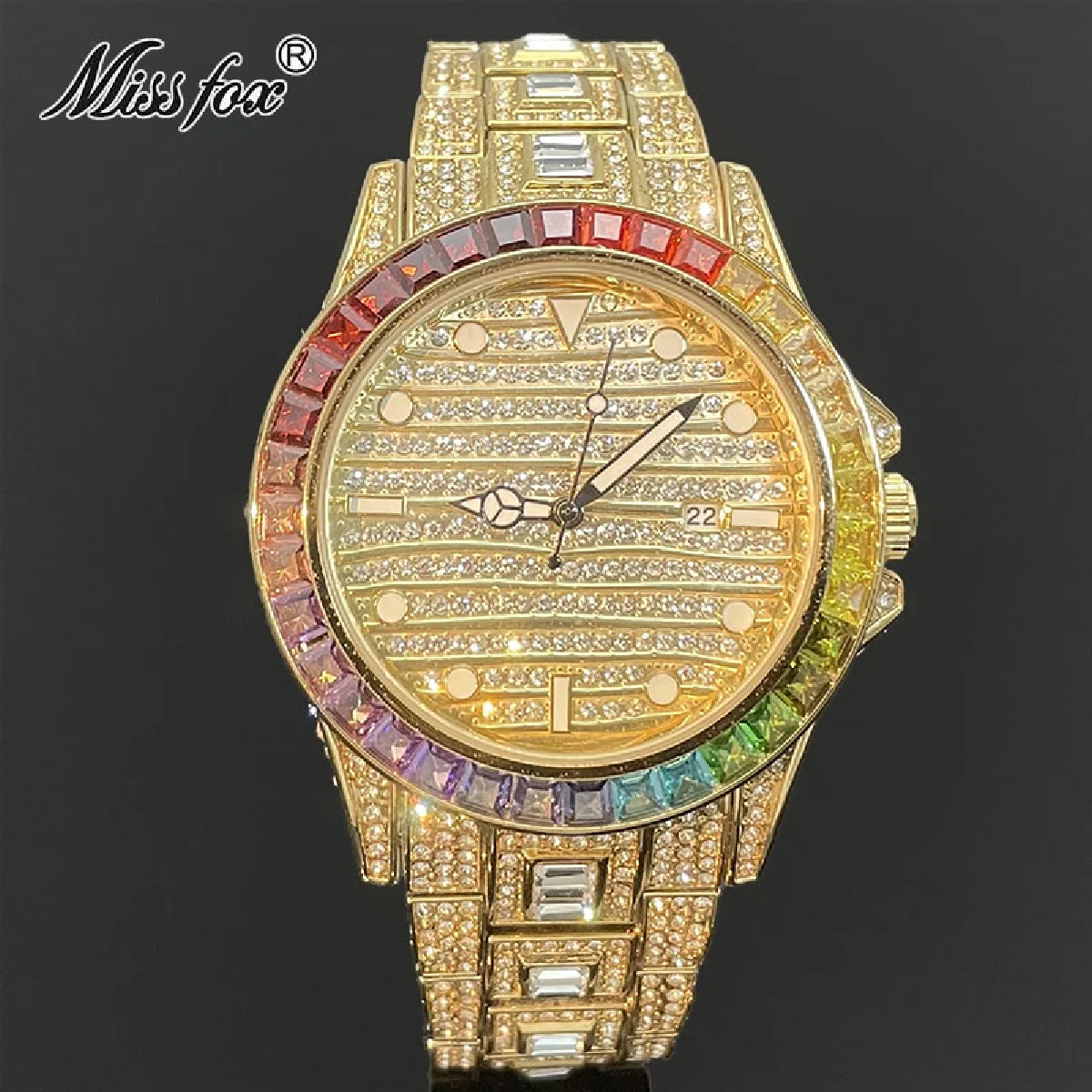 New Luxury Watch Men Gold Waterproof Fashion Quartz Wristwatch Hip Hop Iced Out Rainbow Moissanite Jewelry Clocks Free Shipping
New Luxury Watch Men Gold Waterproof Fashion Quartz Wristwatch Hip Hop Iced Out Rainbow Moissanite Jewelry Clocks Free Shipping
