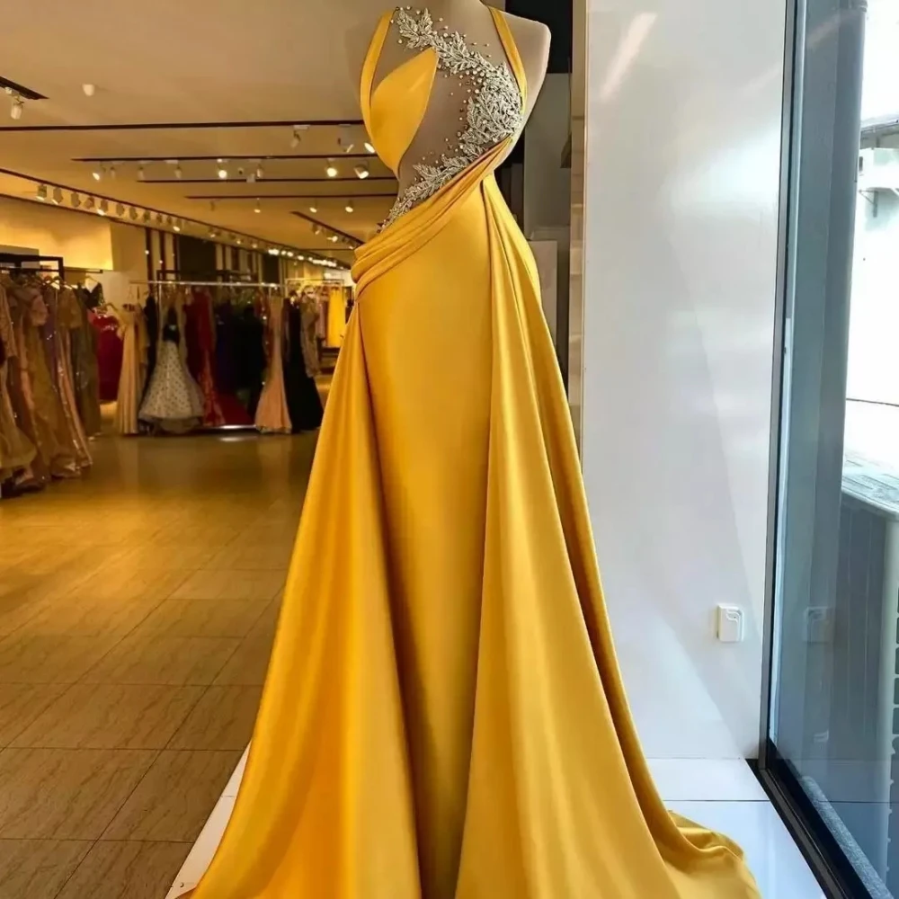

Luxury Mermaid Evening Dresses Yellow Beaded Lace Appliques Sexy Top Illusion Elegant Satin Ruched Women Formal Party Dress