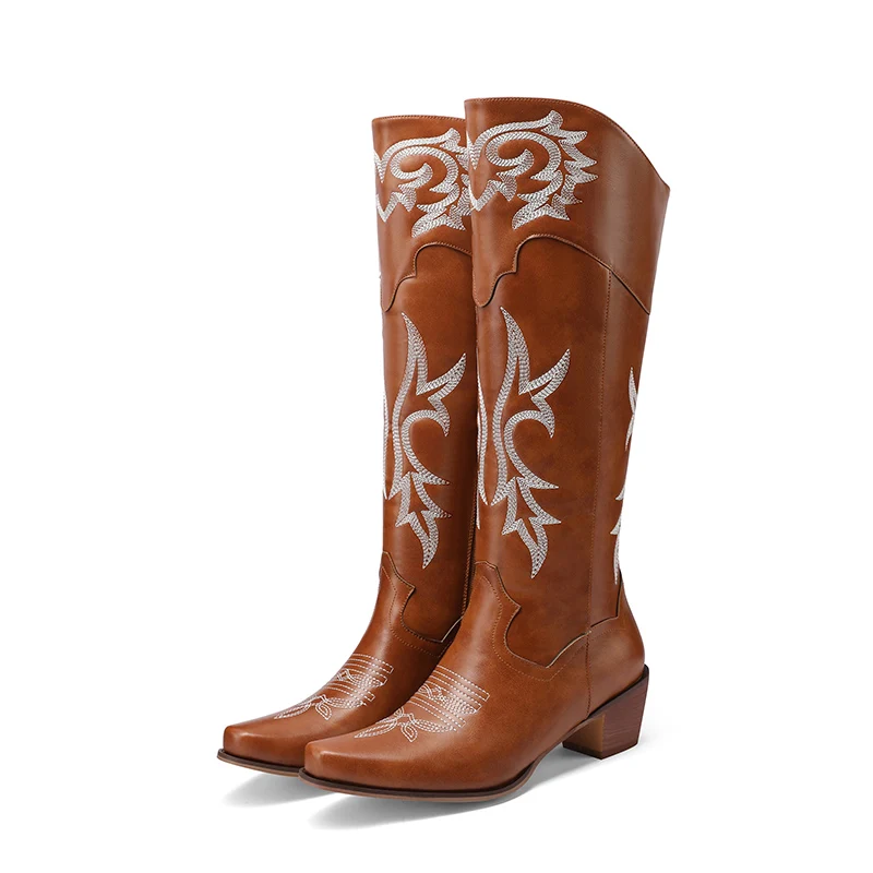 

New Winter Women Cowboy Boots Western Vintage Embroidery Zipper Knee High Boots Casual Sewing Square Toe Punk Botas Mujer 34-43