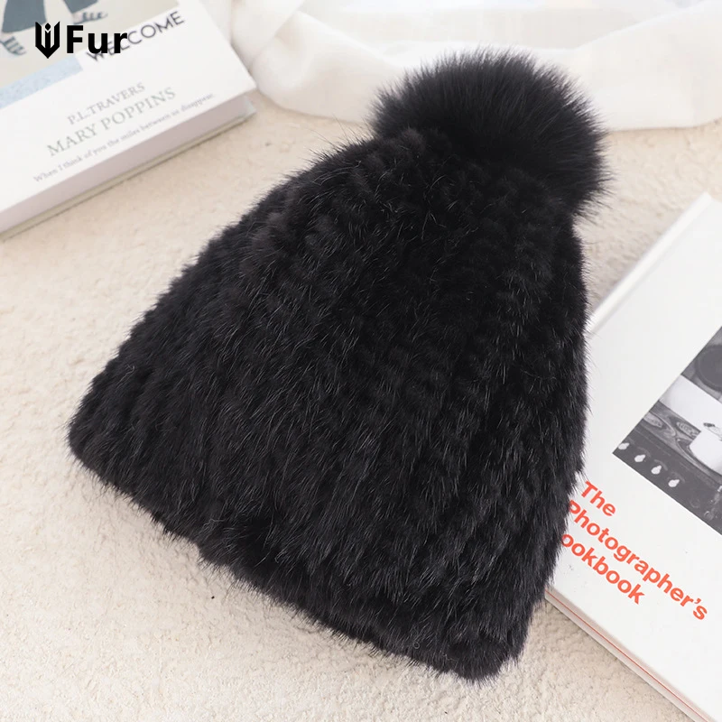 

2024 New Lovely Real Mink Fur Hat Women Winter Knitted Real Mink Fur Beanies Hats Fox Fur Pom Poms Thick Warm Real Mink Fur Cap