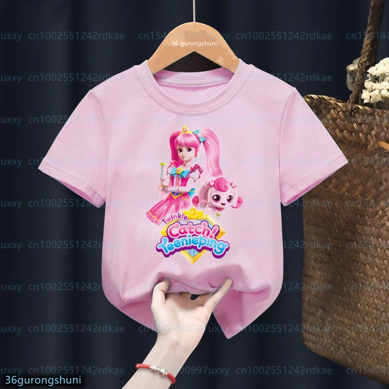 

New hot girls t-shirts Funny anytime Tini Ping carton! 티 니 핑 graphic print girls' clothes Fashion kids tshirts Pink shirt tops