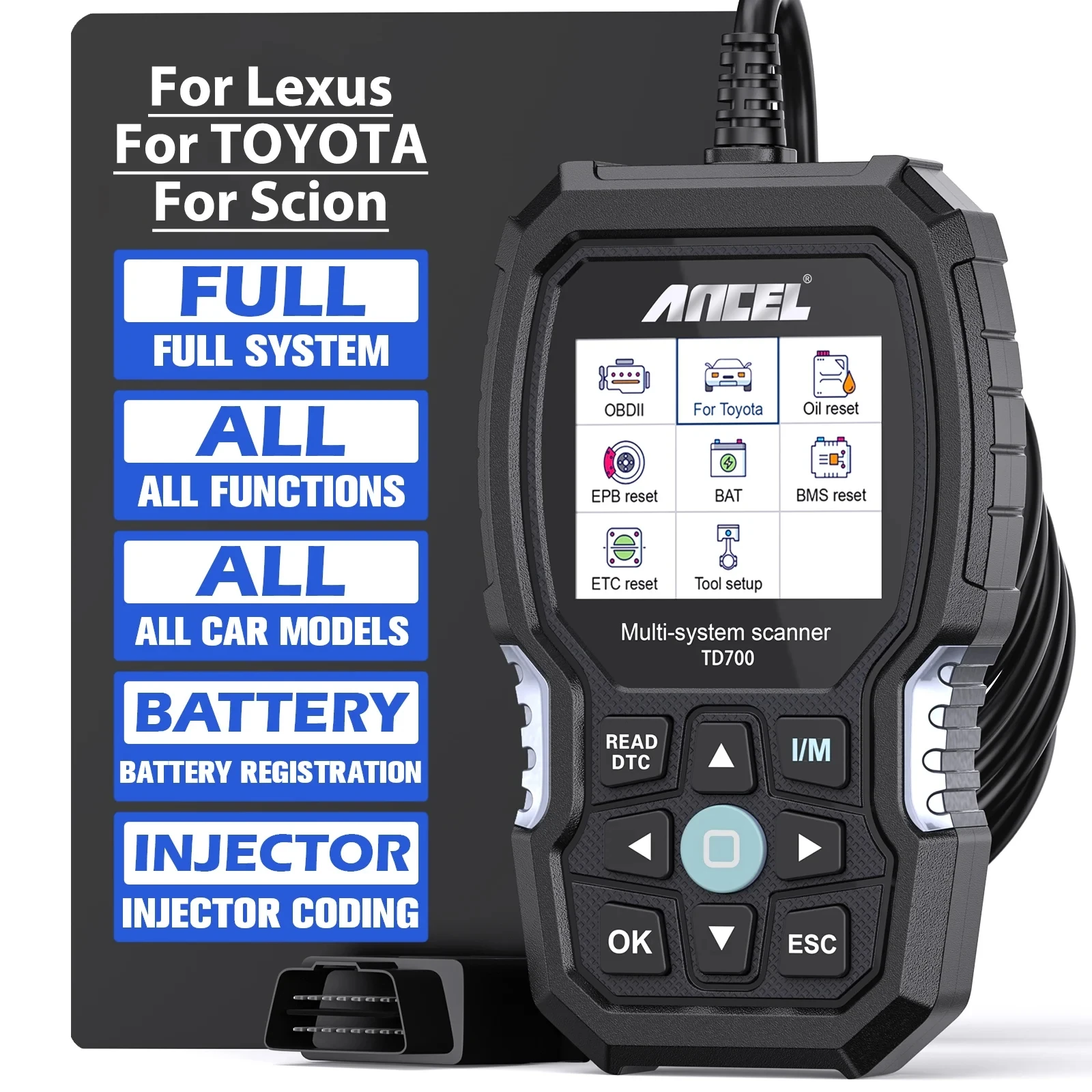 Диагностический сканер ANCEL TD700 OBD2, прибор для диагностики всех кодов автомобиля, для Toyota, Lexus Scion
Диагностический сканер ANCEL TD700 OBD2, прибор для диагностики всех кодов автомобиля, для Toyota, Lexus Scion