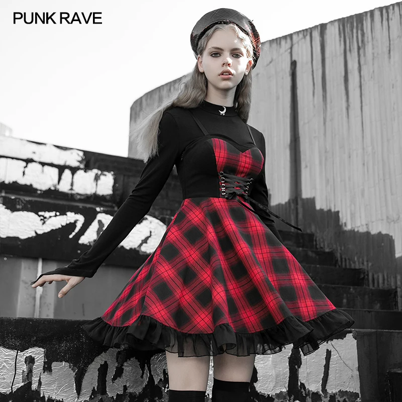 PUNK RAVE Women’s red Plaid Sling Dress Female High Waist Slim Adjustable shoulder straps Princess mix stitching short dress
PUNK RAVE Women’s red Plaid Sling Dress Female High Waist Slim Adjustable shoulder straps Princess mix stitching short dress