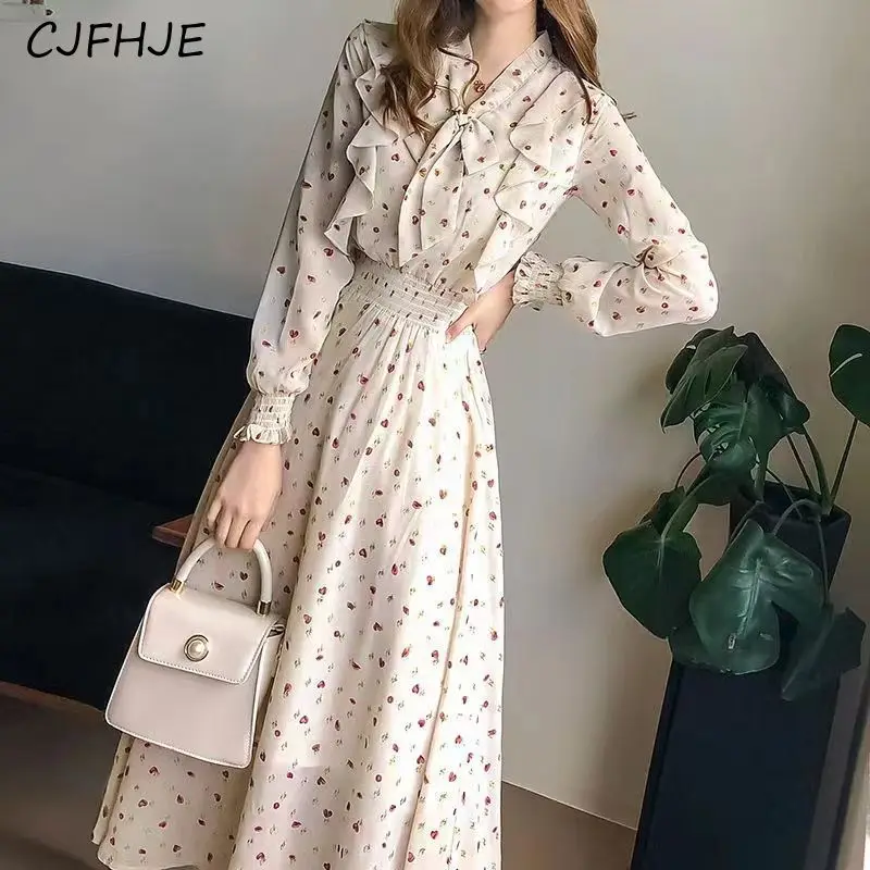 

CJFHJE Women's Ruffle Bow High Waist Elegant Party Dresses Spring Fashion Print V Neck Long Sleeve Slim Midi Dress Fairy Vestido