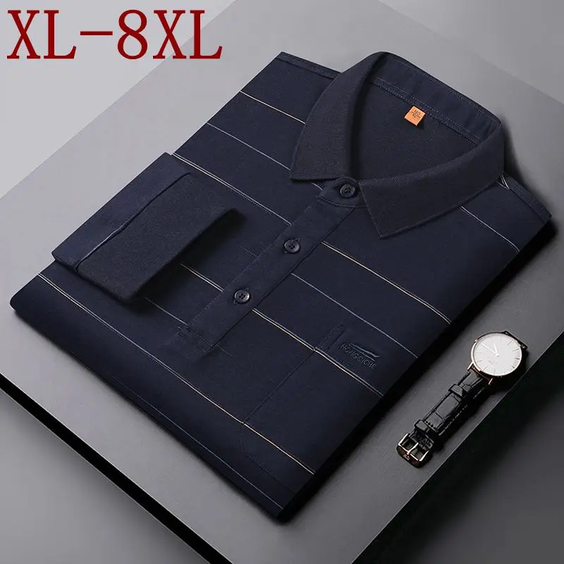 

Рубашка-поло мужская в полоску, повседневная сорочка с длинным рукавом, с лацканами, с карманами, свободного покроя, большие размеры 8XL 7XL 6XL, на осень