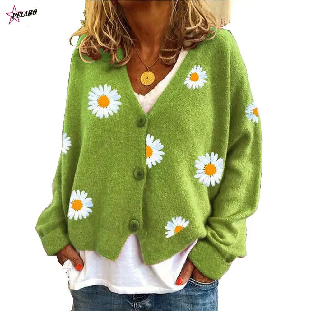 

Женский трикотажный свитер PULABO y2k y2k, однобортный осенний жакет с цветочной вышивкой и хризантемой, женский свитер
