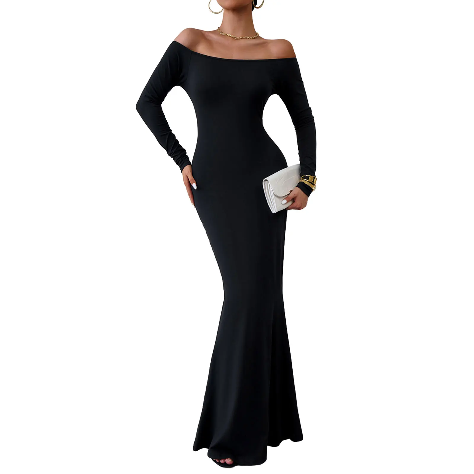 

Women Long Sleeve Elegent Long Dress Solid Color Long Sleeve Off-Shoulder Party Mermaid Dress for Beach Cocktail