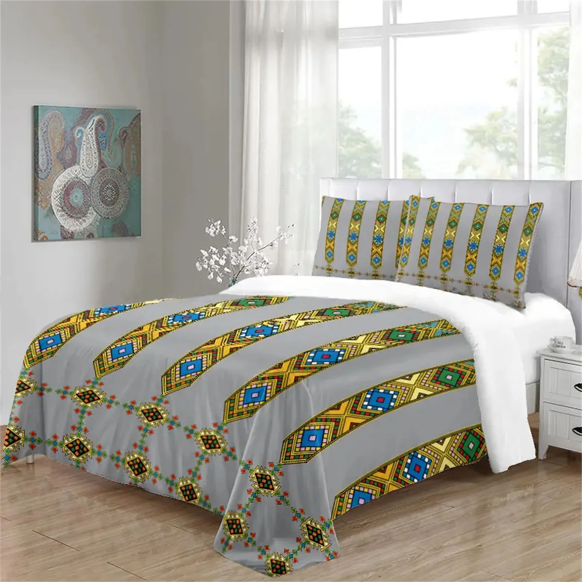 

3PCS Gray Luxury Saba Telet Ethiopian Eritrean Polyester Bedding Sets Single Double Bed Duvet Cover Set and 2pcs Pillow Cover