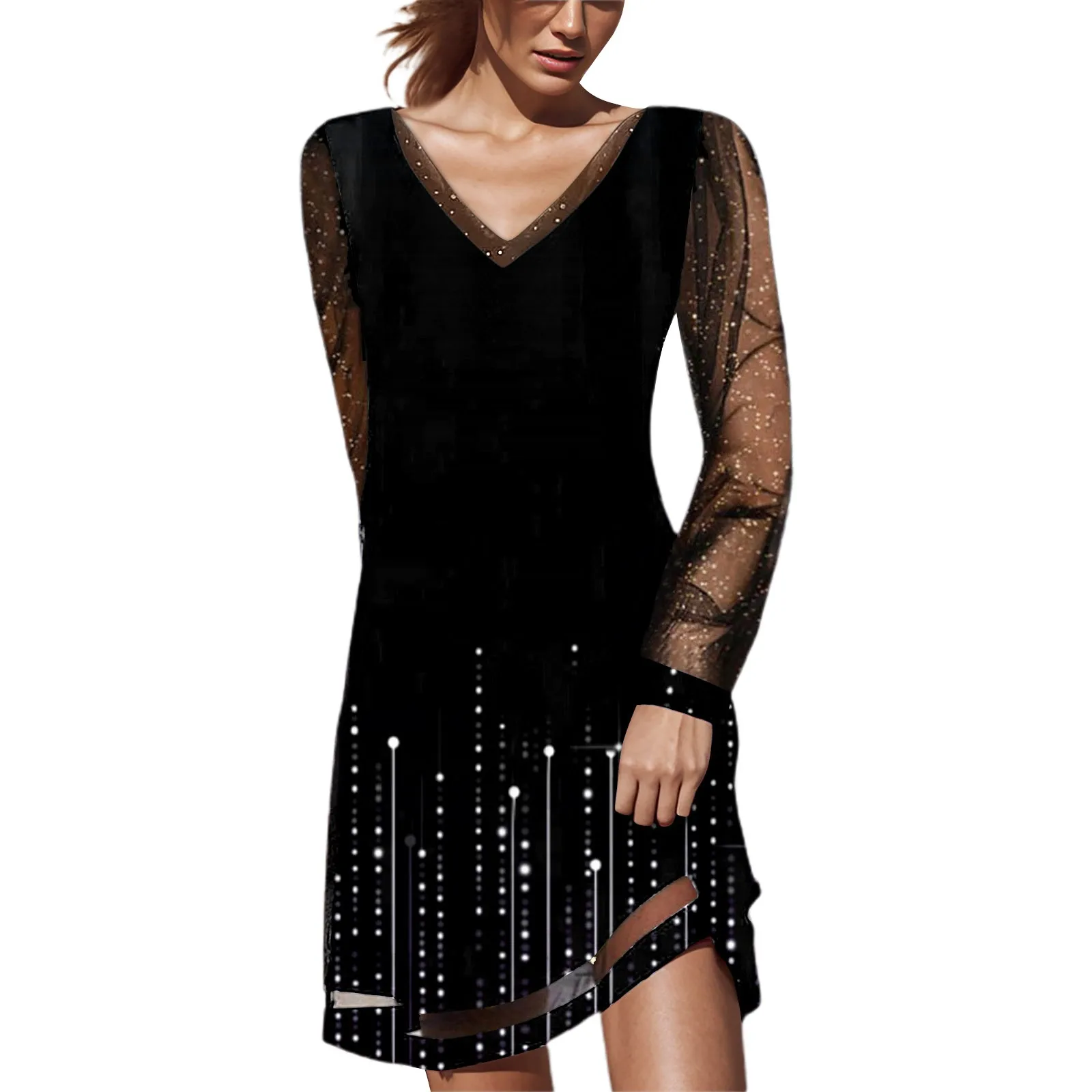 

Женское модное платье с принтом, Сетчатое платье с длинным рукавом, свободное платье-пуловер с V-образным вырезом, повседневное милое плиссированное платье с цветочным принтом