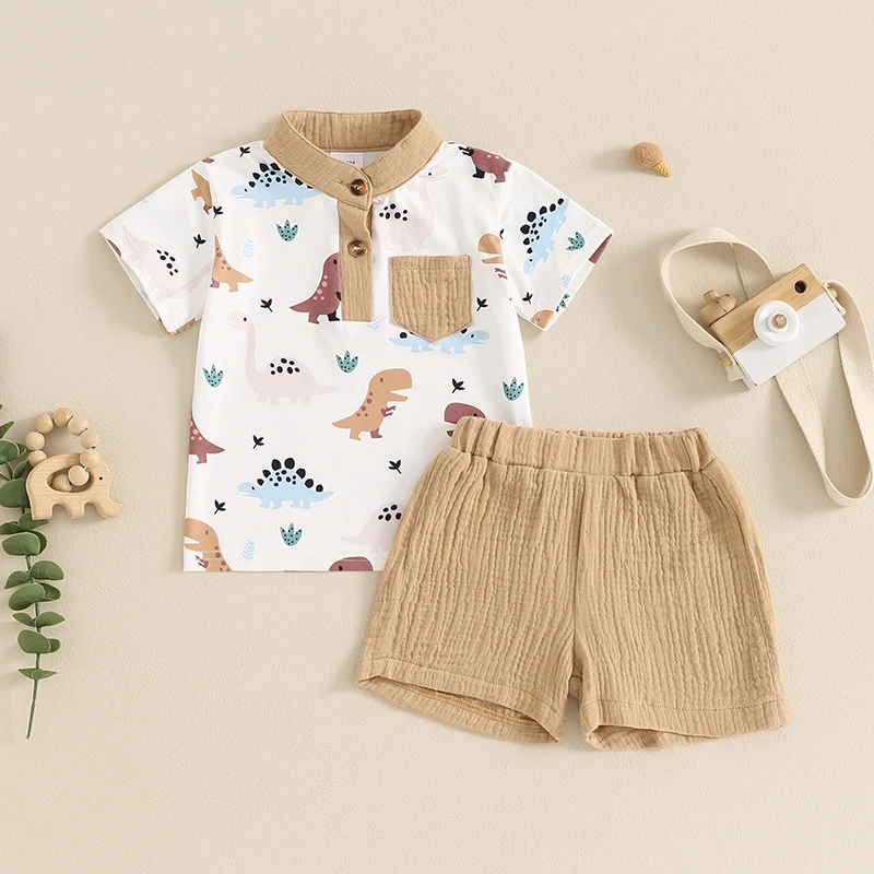 

2024-04-01 Lioraitiin Summer Toddler Baby Boy Outfits Short Sleeve Band Collar Dinosaur Print T-Shirt+Shorts Set Casual Clothes