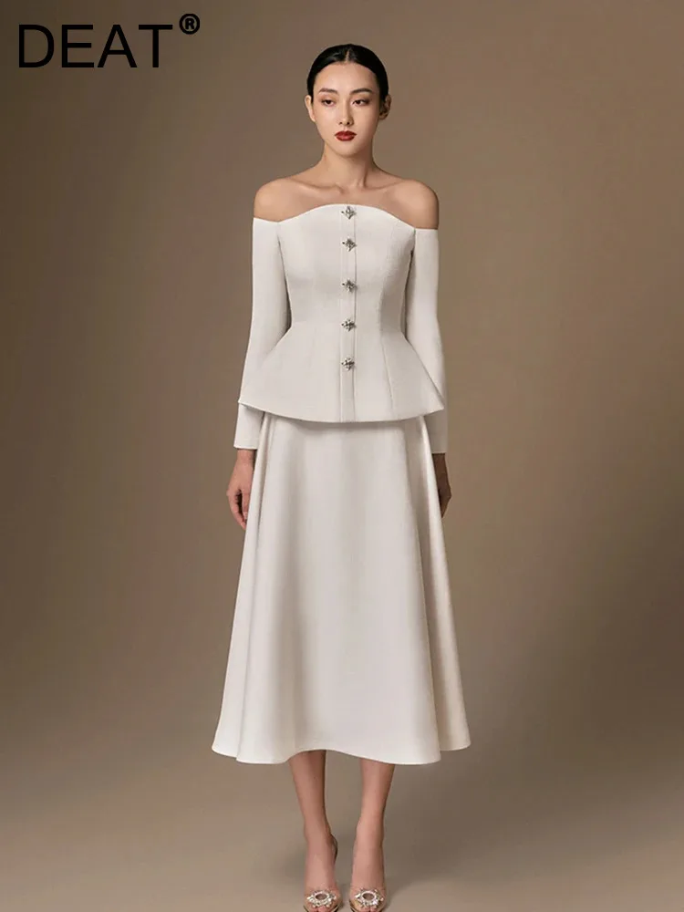 DEAT Women 2 Pcs Set Rhinestone Button Strapless Long Sleeve Top Waist Loose A Line Skirt Suit Elegant Summer 2024 New 13DB7060
DEAT Women 2 Pcs Set Rhinestone Button Strapless Long Sleeve Top Waist Loose A Line Skirt Suit Elegant Summer 2024 New 13DB7060