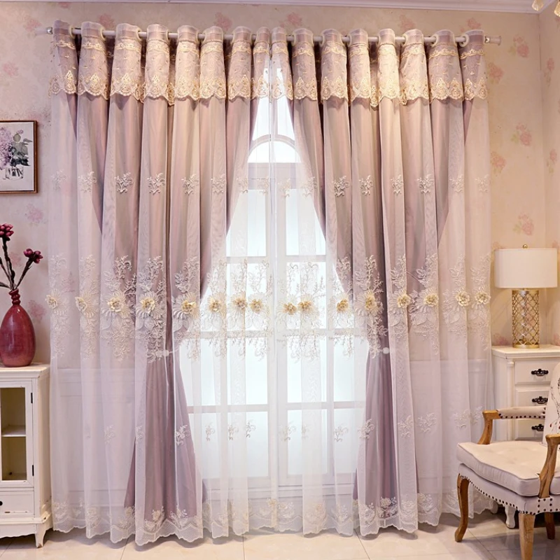 

European Style Relief Embroidered Curtains Double Layered Purple Light Luxury Romantic Window Curtains Home Customizable Valance