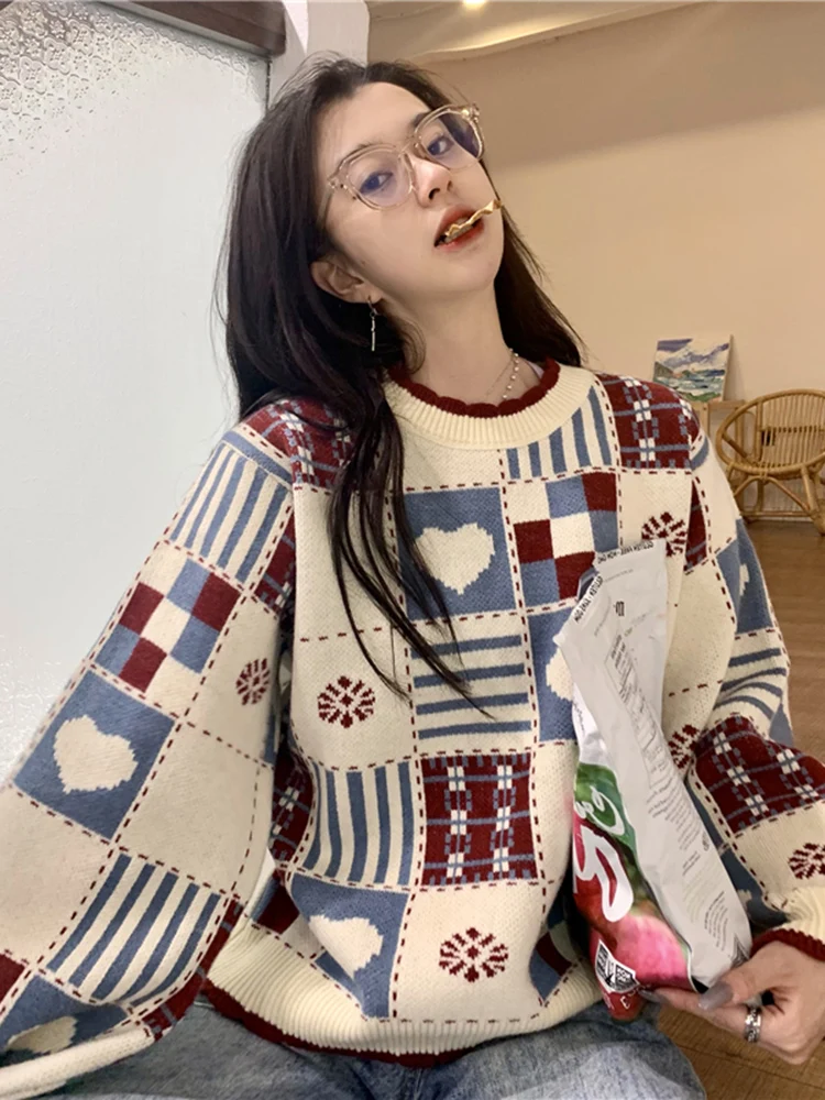 

Japan Cute Print Sweater Women Vintage Lazy Wind Sweet Knitted Jumper Casual Preppy Style Fall Winter Patchwork Lady Tops