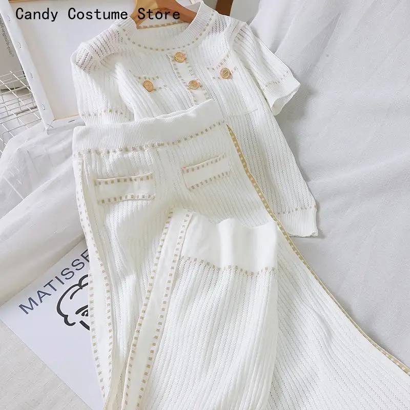 Casual Tops Shirts And Loose Pants Suits New Summer White/Black Knitted Women Two Piece Set Elegant Short Sleeve O-neck
Casual Tops Shirts And Loose Pants Suits New Summer White/Black Knitted Women Two Piece Set Elegant Short Sleeve O-neck