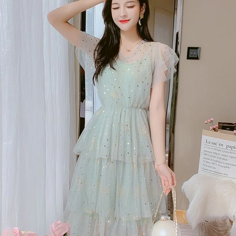 

Sweet V-Neck Spliced Gauze Sequined Princess Dress Female Clothing 2024 Summer New Loose Korean Butterfly Sleeve Party Dress