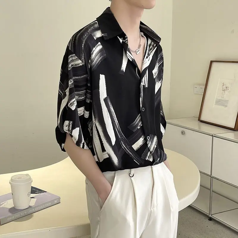 

2024 New Summer Haute Couture Lapel Print Korean Version Ruffled and Handsome Loose Casual Oversize Medium Sleeved Floral Shirt