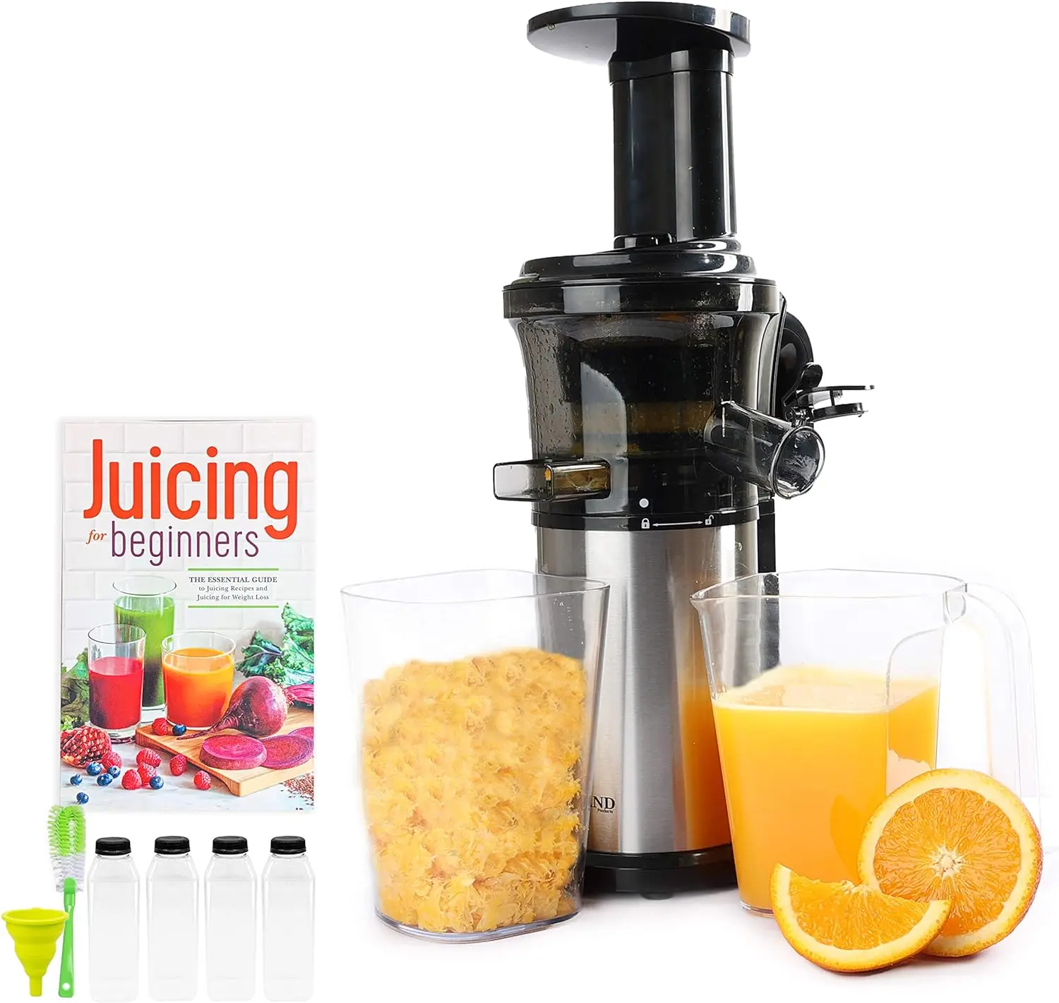 Press Masticating Juicer With 16 oz Plastic Juice Bottles With Black Caps And Juicing Recipe Book, Includes Funnel And Brush Eye
Press Masticating Juicer With 16 oz Plastic Juice Bottles With Black Caps And Juicing Recipe Book, Includes Funnel And Brush Eye