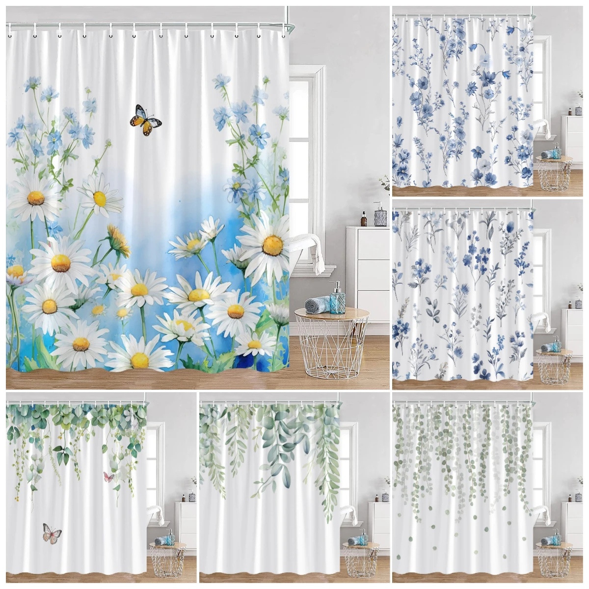 

Butterfly Daisy Shower Curtain Watercolour Eucalyptus Leaves White Blue Floral Plants Modern Bathroom Decor Curtains with Hooks