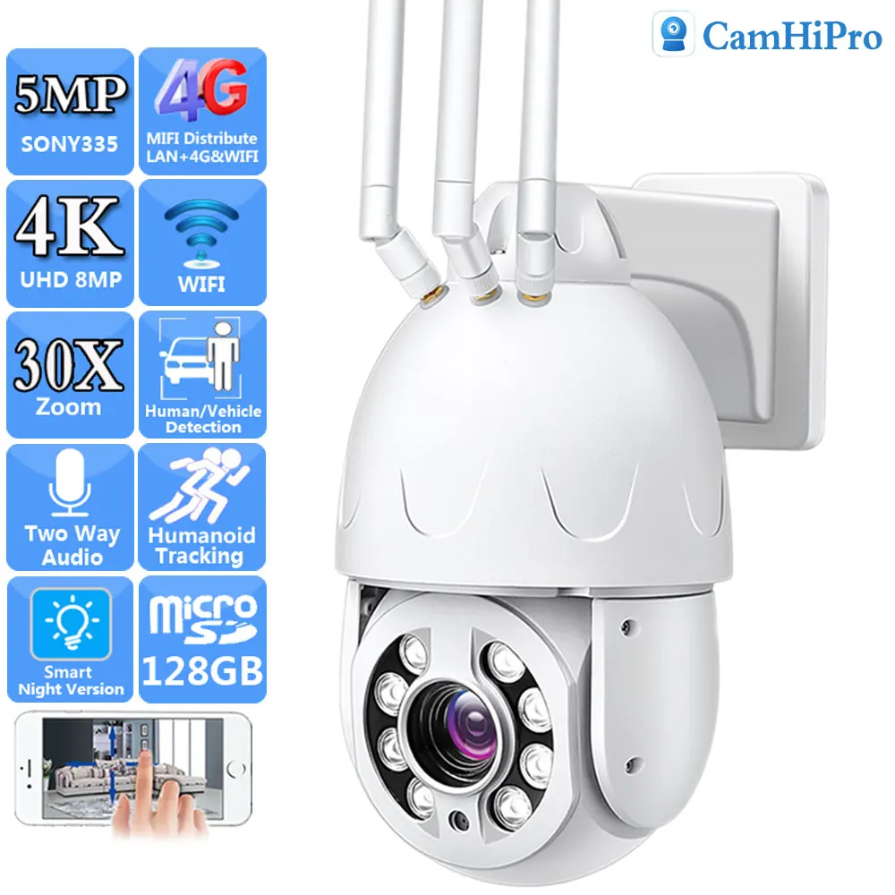 

Беспроводная IP-камера видеонаблюдения 4K, 8 Мп, 3G, SIM-карта, Wi-Fi, PTZ, купол, 5 МП, 30-кратный зум, двухстороннее аудио, ии, слежение за людьми, цветное ночное видение