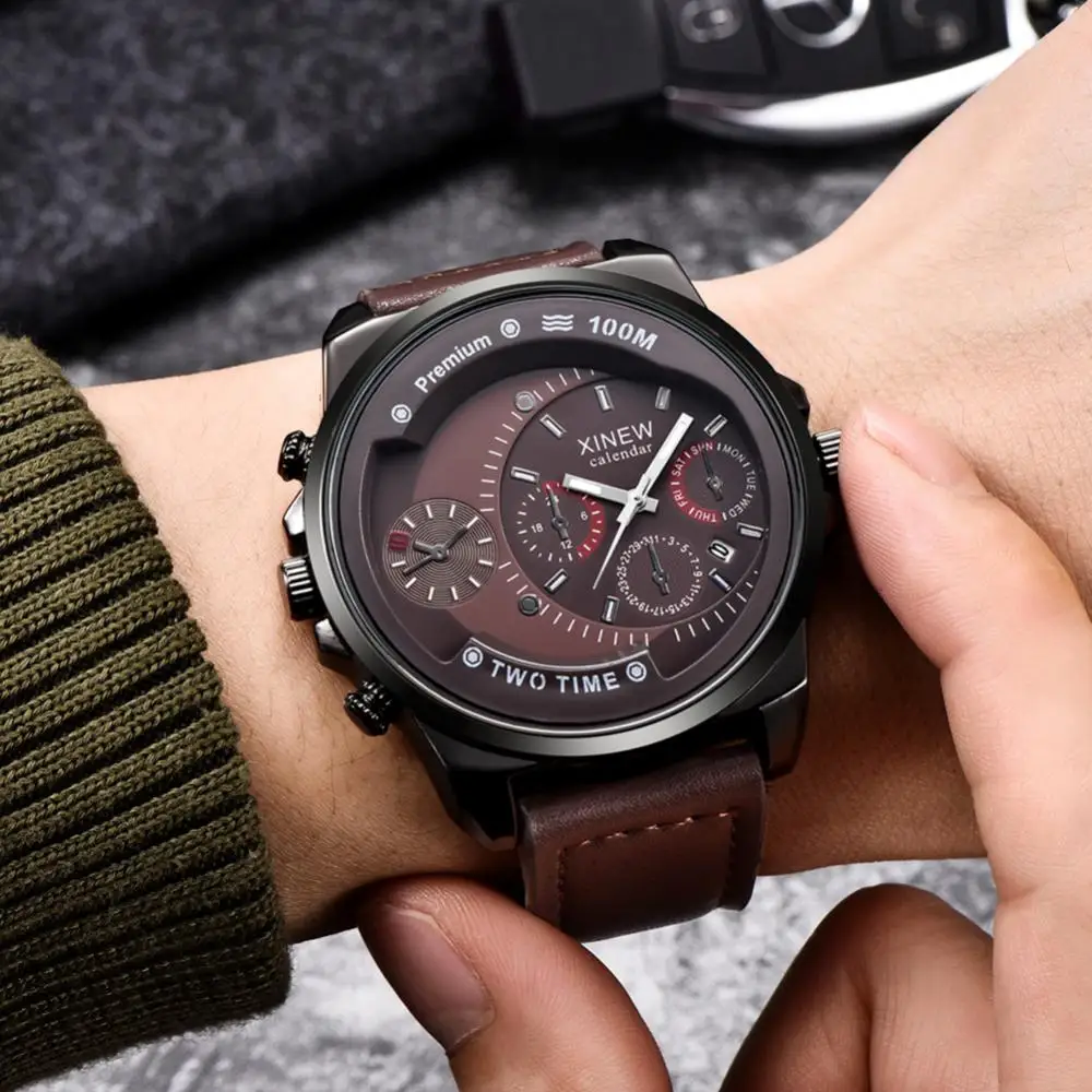 

Sports Men Watch Calendar Sub-dials Decor Faux Leather Band Quartz Wrist Watch Casual часы мужские наручные