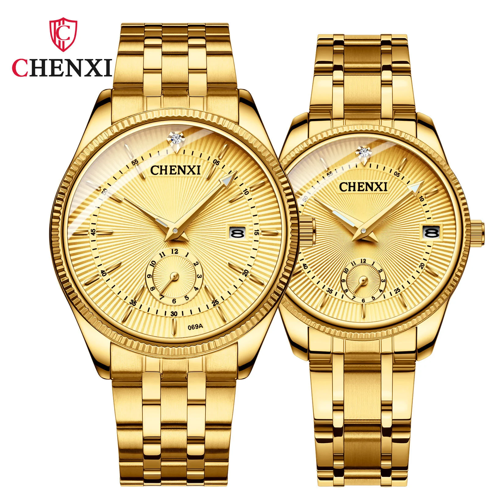 

Chenxi 069A Golden Couple Watch Calendar Quartz For Men And Women Watches Fashion Luxury Dress Lover Clock Relojes Mujer