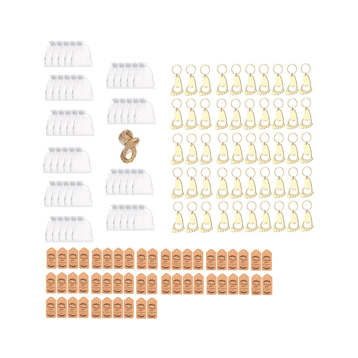 

DIY 50 Pieces Foot Keychain Bottle Opener Baby Shower Favors for Guest Souvenirs and Decor Gauze Bags Tags and Rope