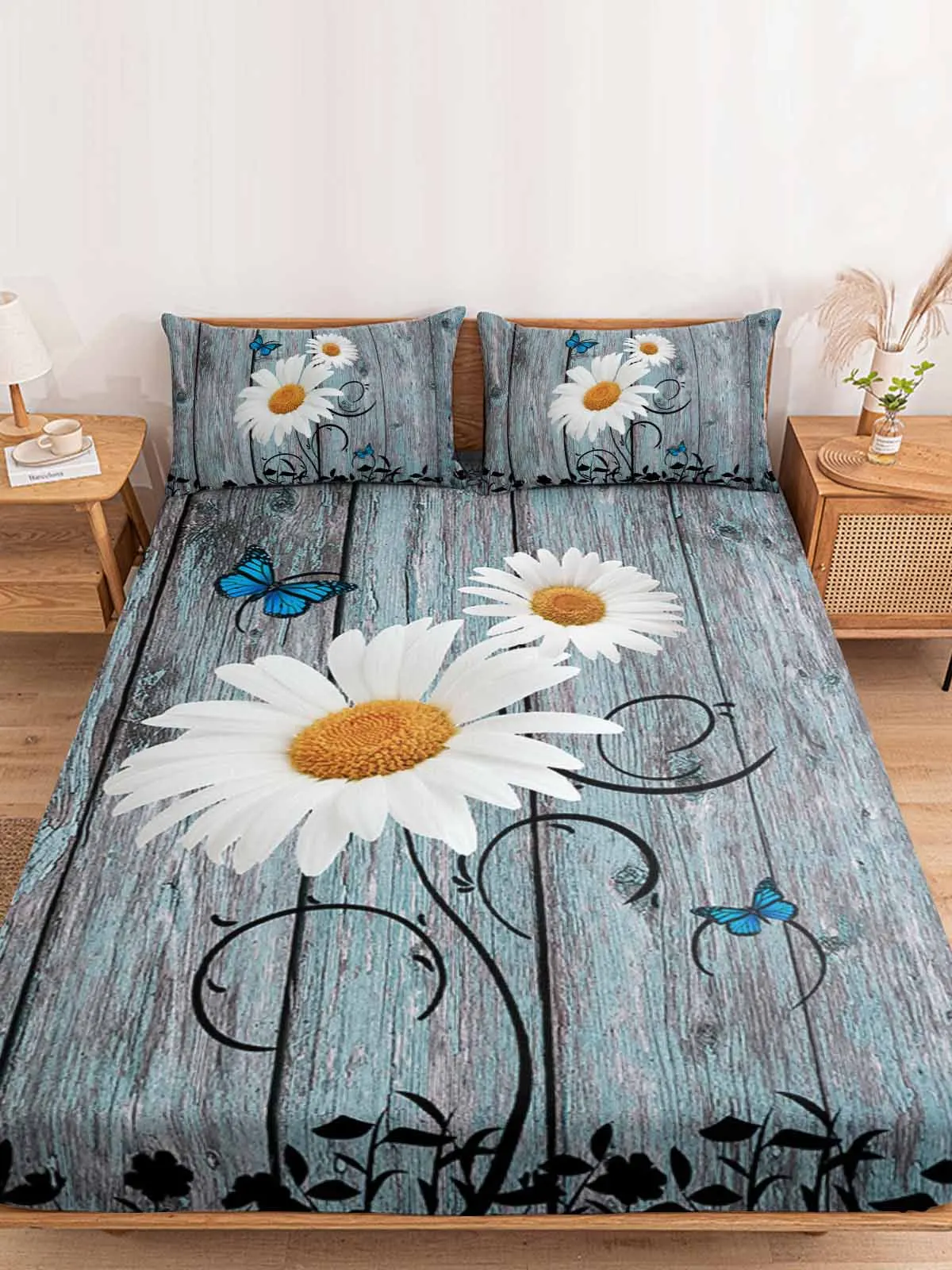 

Daisy Butterfly Wood Grain Polyester Fitted Sheet Mattress Cover Four Corners Elastic Band Bed Sheet Pilllowcase