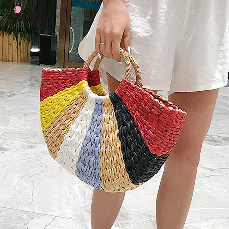 Цветная женская сумка из ротанга Плетеная соломенная тканая полукруглая Женская