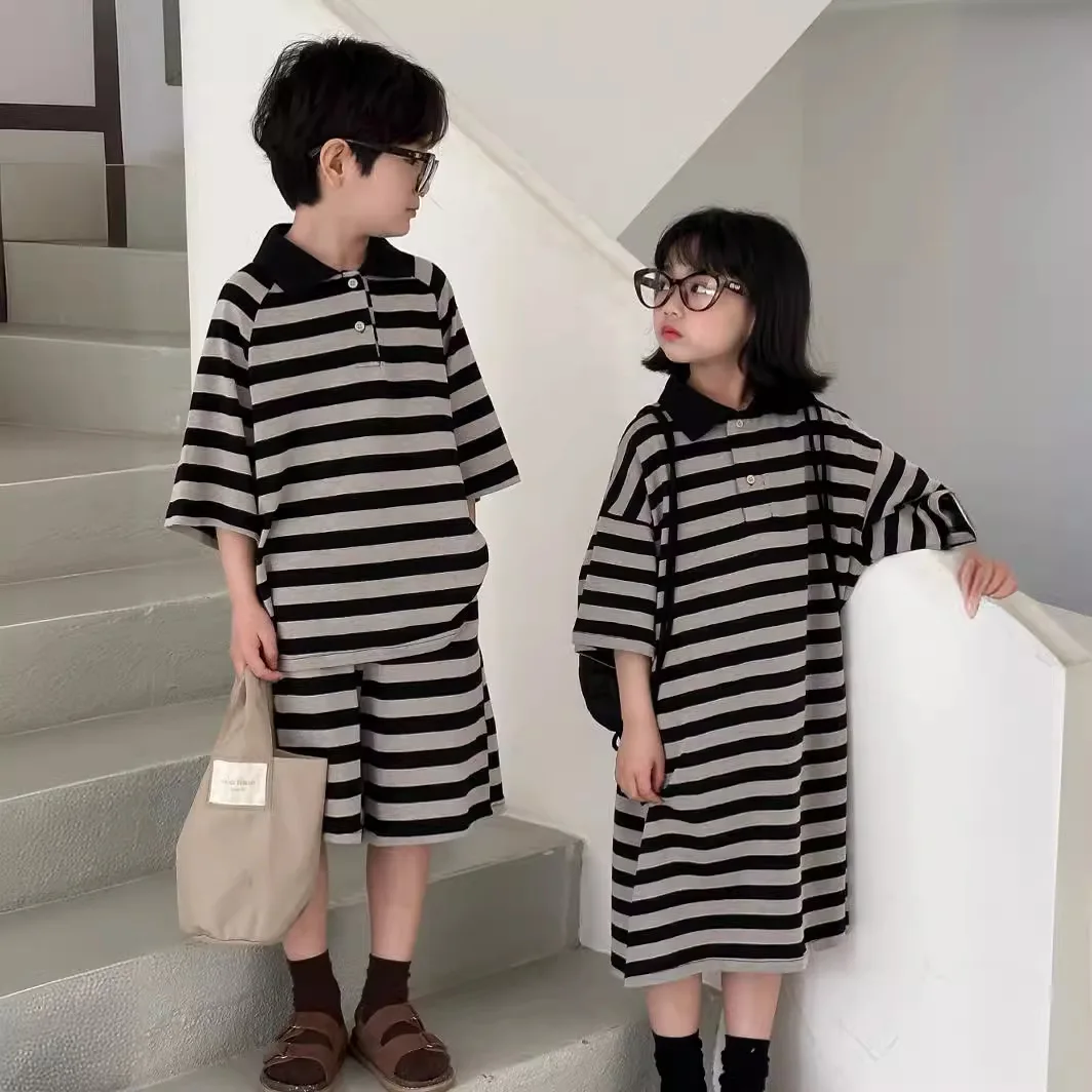 

2024 Summer Brother and Sister Matching Clothes Toddler Twins Clothes Fashion Baby Boys Two Piece Sets Outfits Little Girl Dress