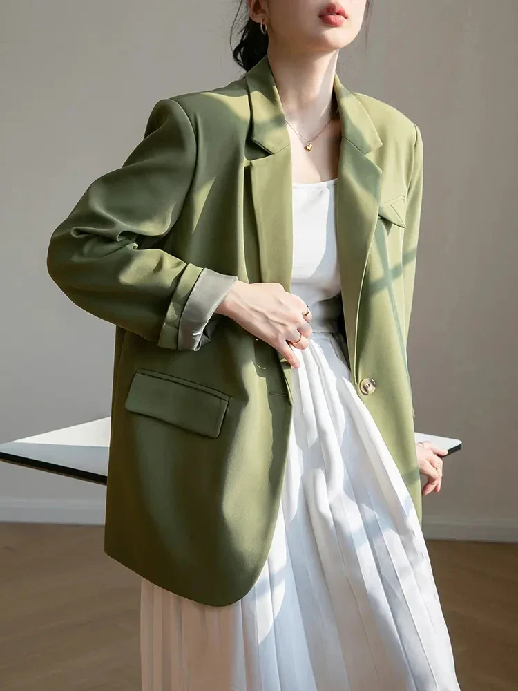 

Женский пиджак с длинным рукавом GIDYQ, зеленый элегантный офисный пиджак в Корейском стиле, модный шикарный пиджак свободного покроя на одной пуговице для осени