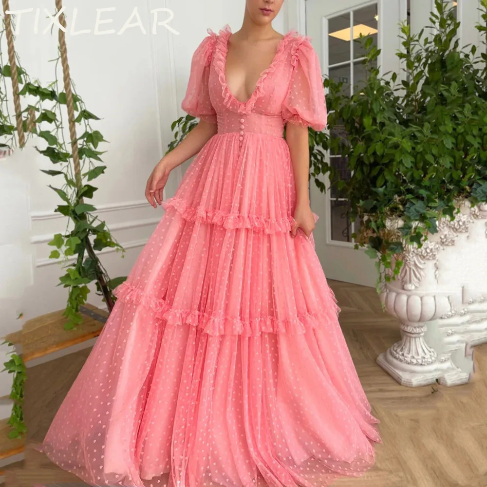 

TIXLEAR Evening Dresses A-line Charming Short Puff Sleeves V-Neck Button Tiered Zipper Up Party Dresses 2024 vestidos de fiesta