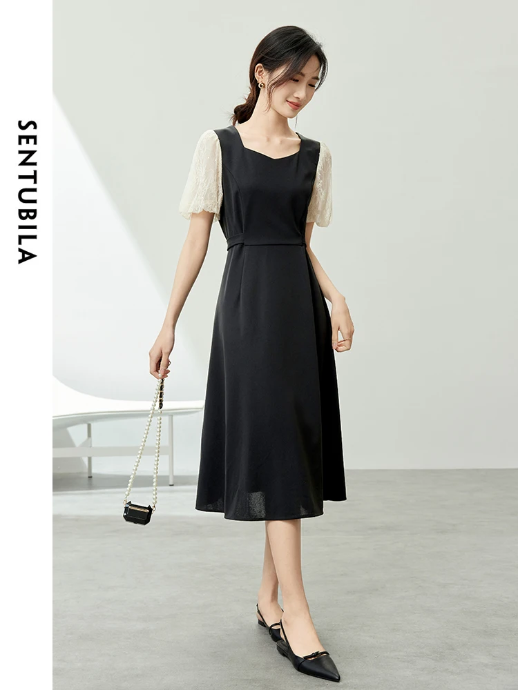 

SENTUBILA Elegant Lace Spliced Puff Sleeve Black Dress 2024 Summer Square Collar Short Sleeve A-line Midi Dresses 142L53927X
