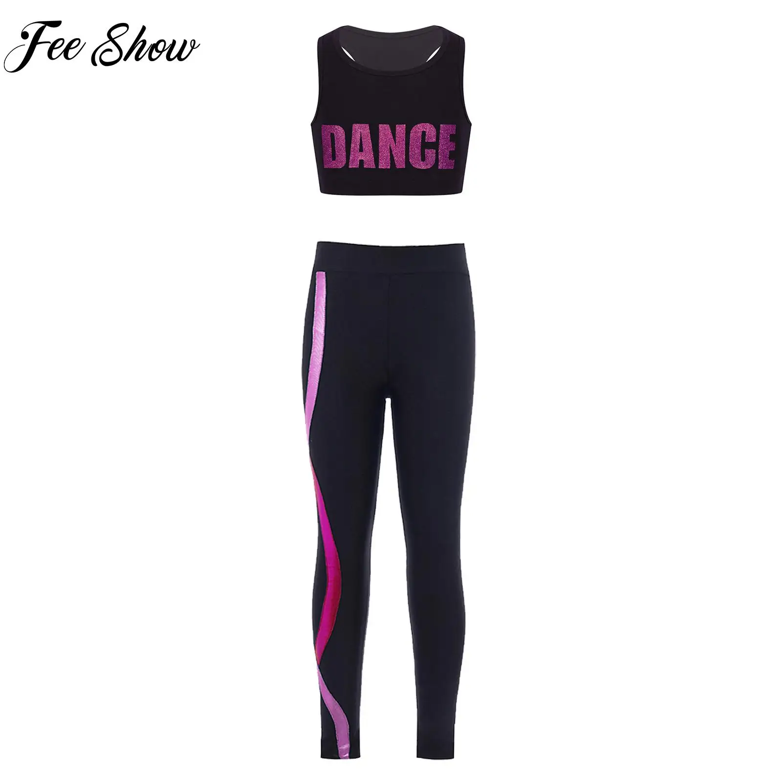 

Kids Girls Jazz Dance Costume Skinny Yoga Sets Sleeveless Racer Back Crop Top with Leggings Pants Toddler Sports Running Outfits