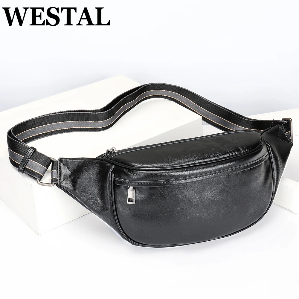 

WESTAL Cowhide Chest Bags Shoulder Bags Husband Fanny Waist Pack Hip Sack Bum Leather Belt Pouch Slingback Men Side Cross Body