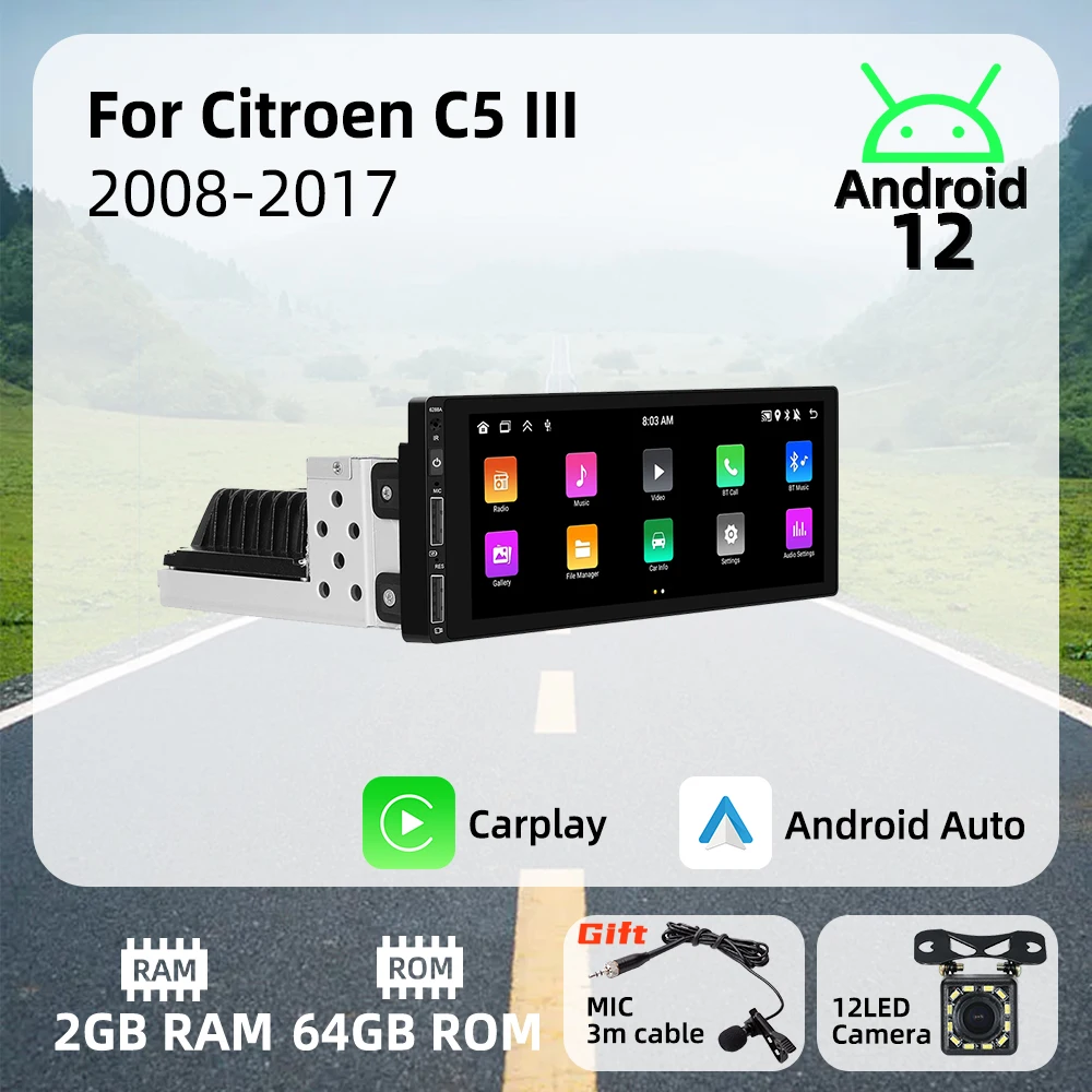 

6.9" 1 Din Android Radio Car Multimedia for Citroen C5 III 2008-2017 Stereo Head Unit Carplay Autoradio GPS Navigation BT Wifi