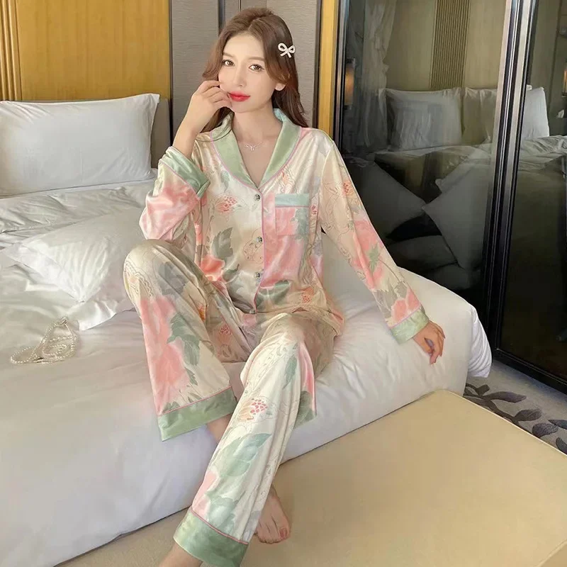 

Women's 2 Piece Pajamas Set Floral Pijama Faux Silk Satin Pyjama Female Sleepwear Long Sleeve Lapel Shirt Pants Suits Homewear
